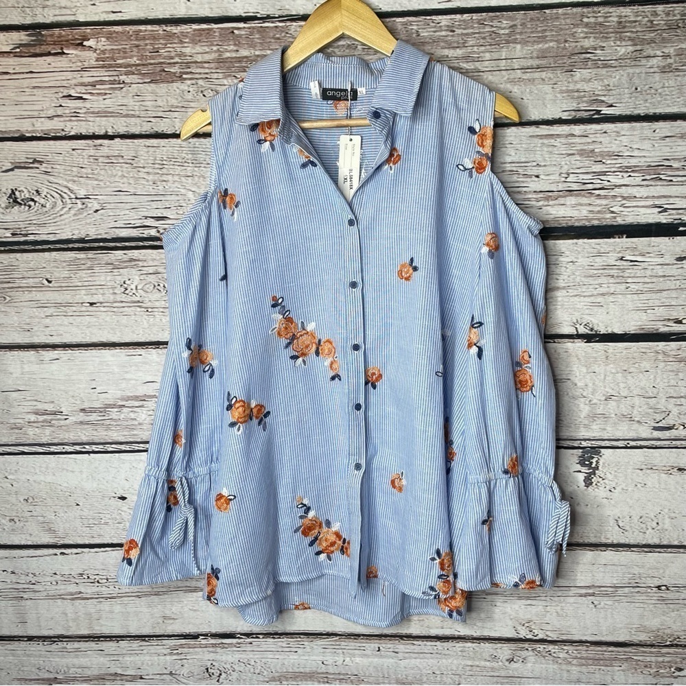 NWT Angela Plus Cold Shoulder Button Down Shirt 1X Embroidered Flowers Collared‎